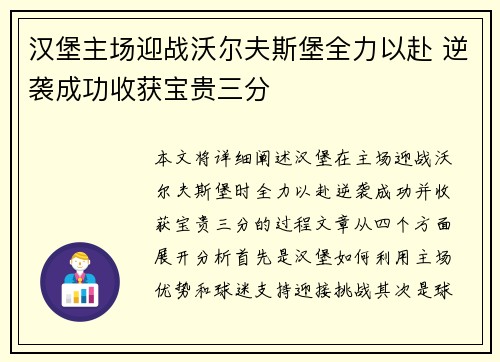 汉堡主场迎战沃尔夫斯堡全力以赴 逆袭成功收获宝贵三分